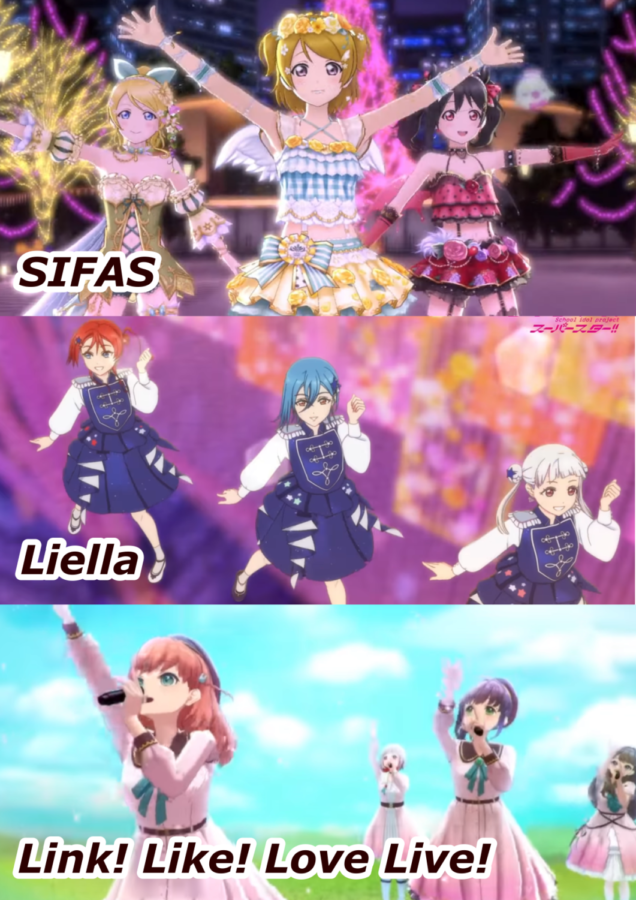 Comparison of 3D models from SIFAS, Liella! (Love Live! Superstar!!), and Link! Like! Love Live! (the newest vtuber generation).